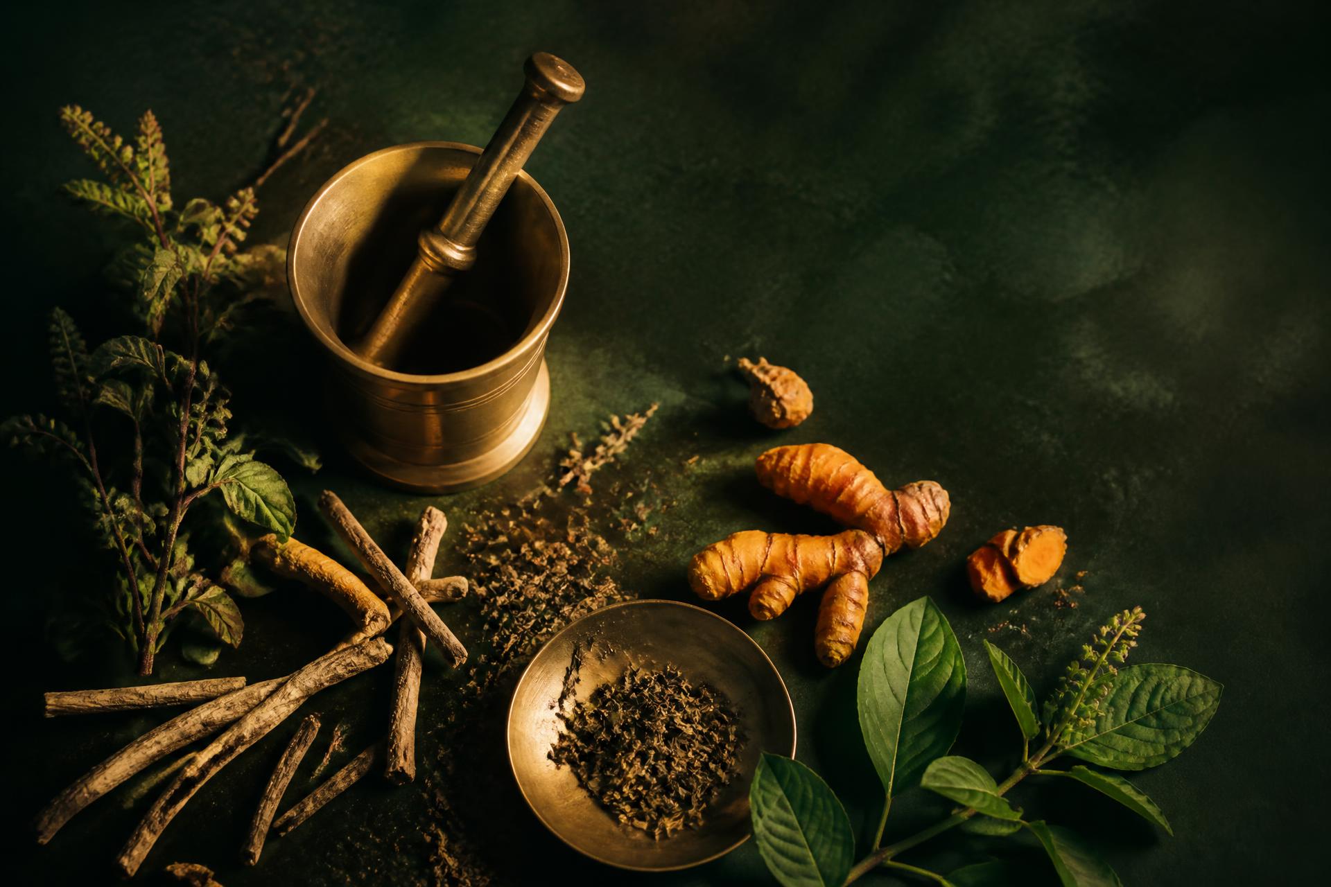 Ayurvedic herbs, brass mortar and pestle with tulsi, turmeric and liquorice root